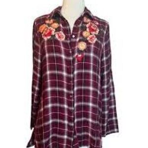 Andree by Unit -Maroon Plaid Top with Embroidery